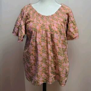 Ivy Jane Women's Medium Smocked Top Blouse Floral Colorful Relaxed Boho Peasant